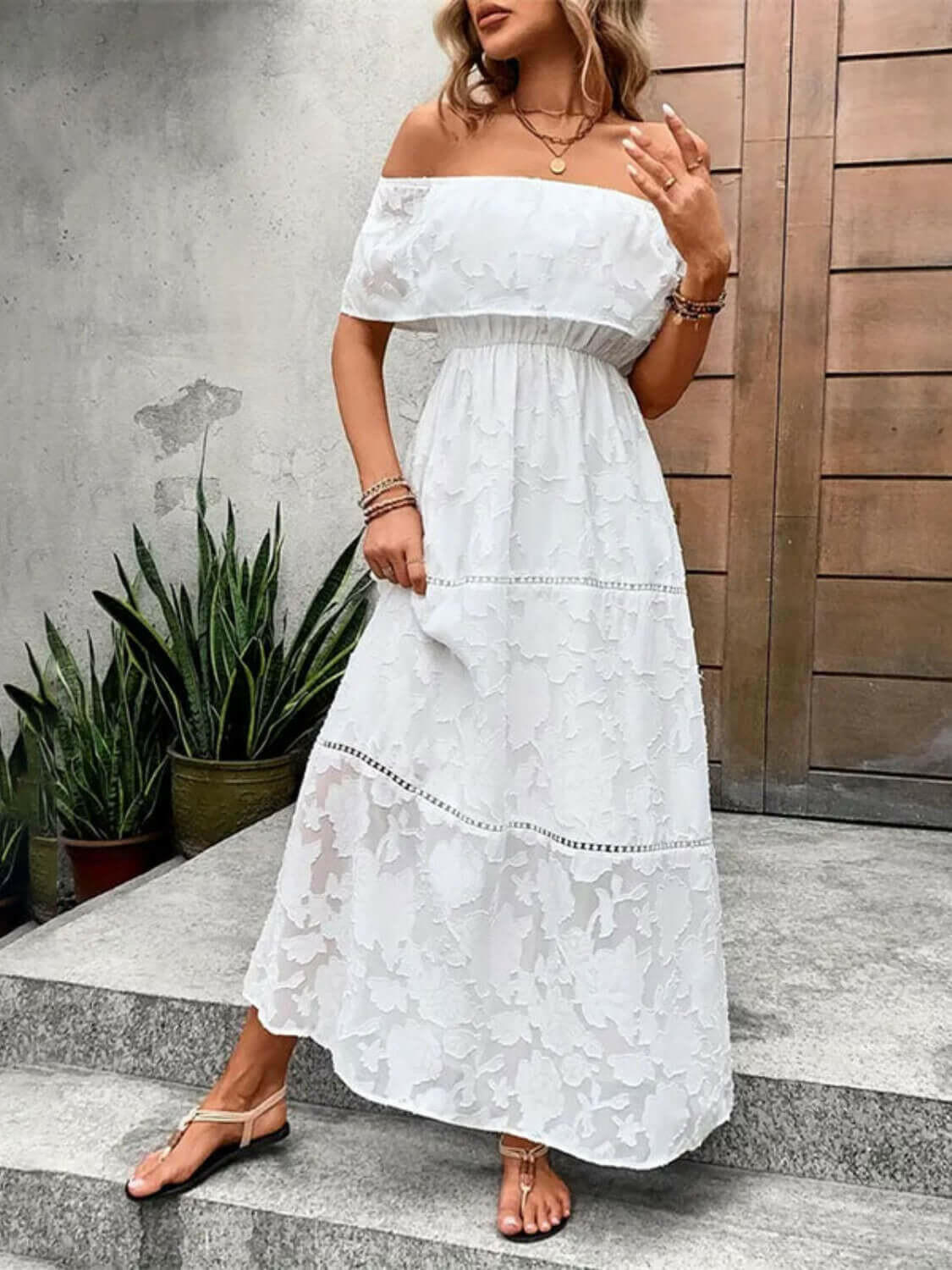 Off-Shoulder Short Sleeve Maxi Dress.