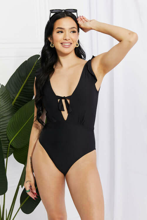 Marina West Swim Seashell Ruffle Sleeve One-Piece in Black.