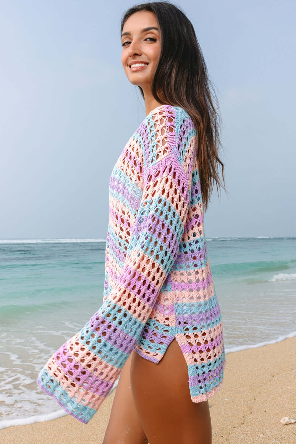 Stripe Open-Knit Beach Cover-Up Sweater