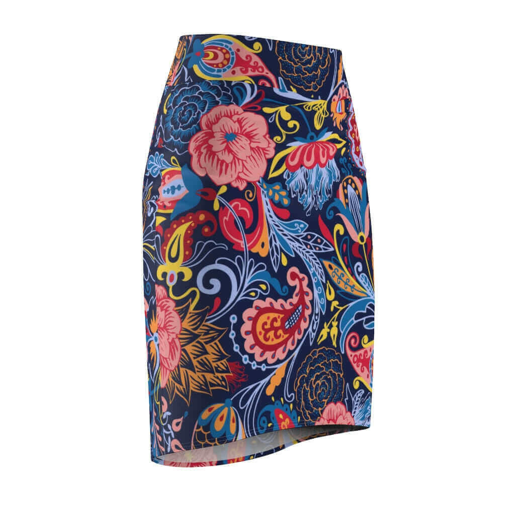 Womens Pencil Skirt, High Waist Stretch, Multicolor Floral Print.