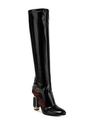 ecstasy fantasy heel patchwork knee high boots.