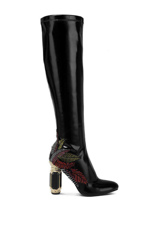 ecstasy fantasy heel patchwork knee high boots.