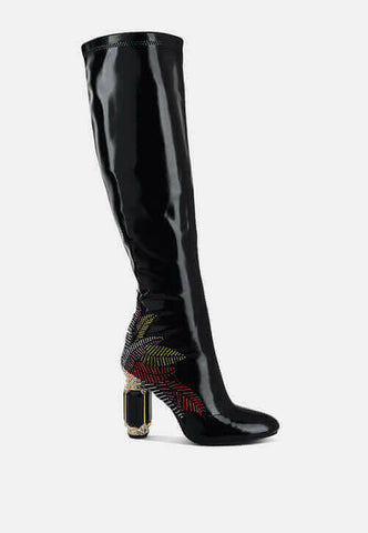 ecstasy fantasy heel patchwork knee high boots.