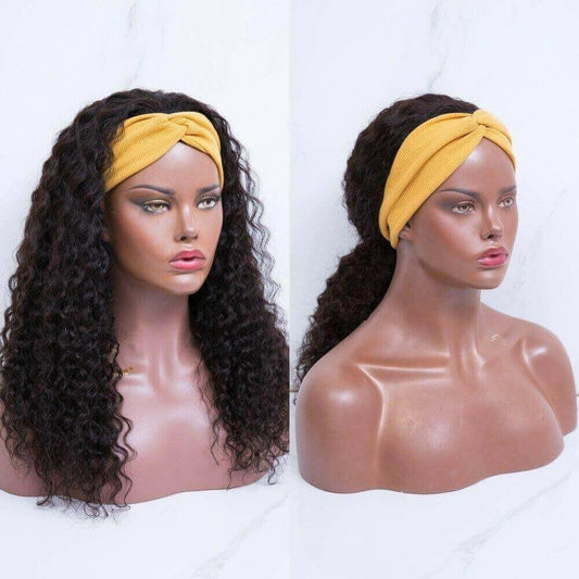 Headband Wig Deep Wave Human Hair Scarf Wig No GLUE Easy Wear.