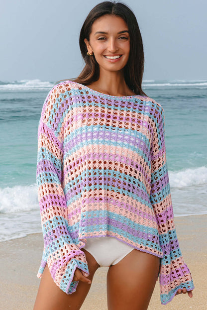 Stripe Open-Knit Beach Cover-Up Sweater