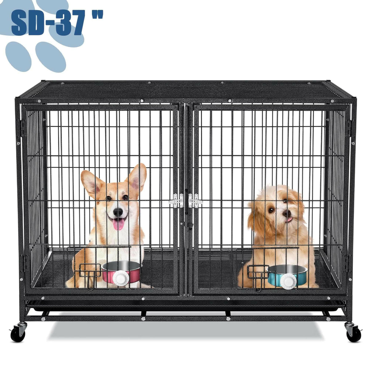 37" Heavy Duty Dog Crate for Large Dogs, 2-In-1 Stackable Dog Kennels and Metal Wire Cages with Wheels,Sturdy Locks Design, Feeding Bowls,Leak-Proof Pan,Double Door and Removable Tray Design