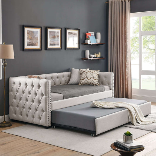 Daybed with Trundle Upholstered Tufted Sofa Bed, with Button and