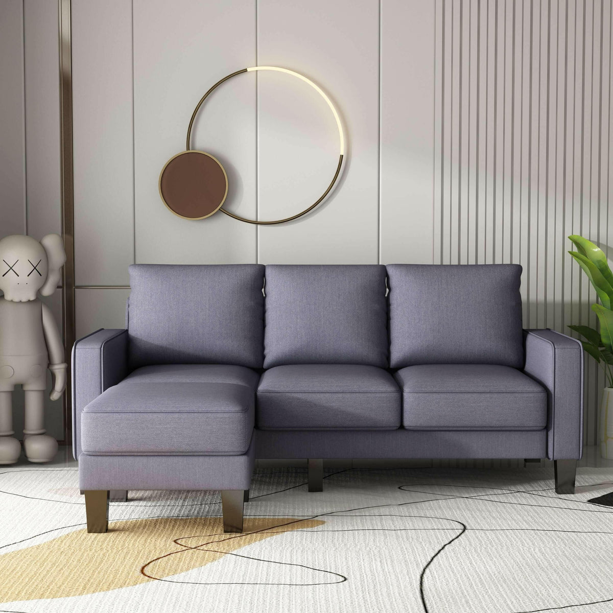 Modern Living Room Furniture L Shape Sofa with Ottoman in Dark Grey.