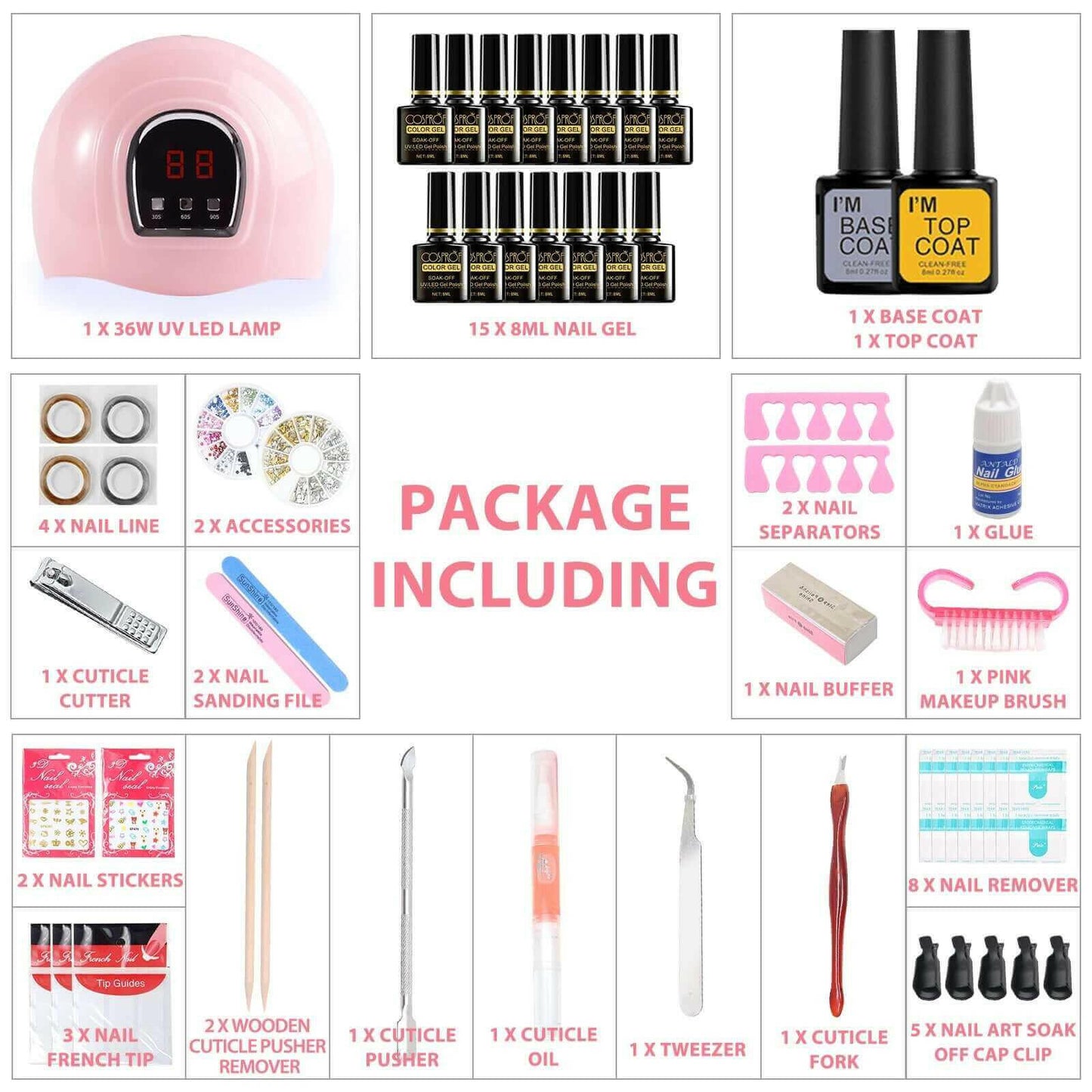 36W 18LED Nail Lamp Gel Nail Polish Starter Kit Manicure 15 Colors.