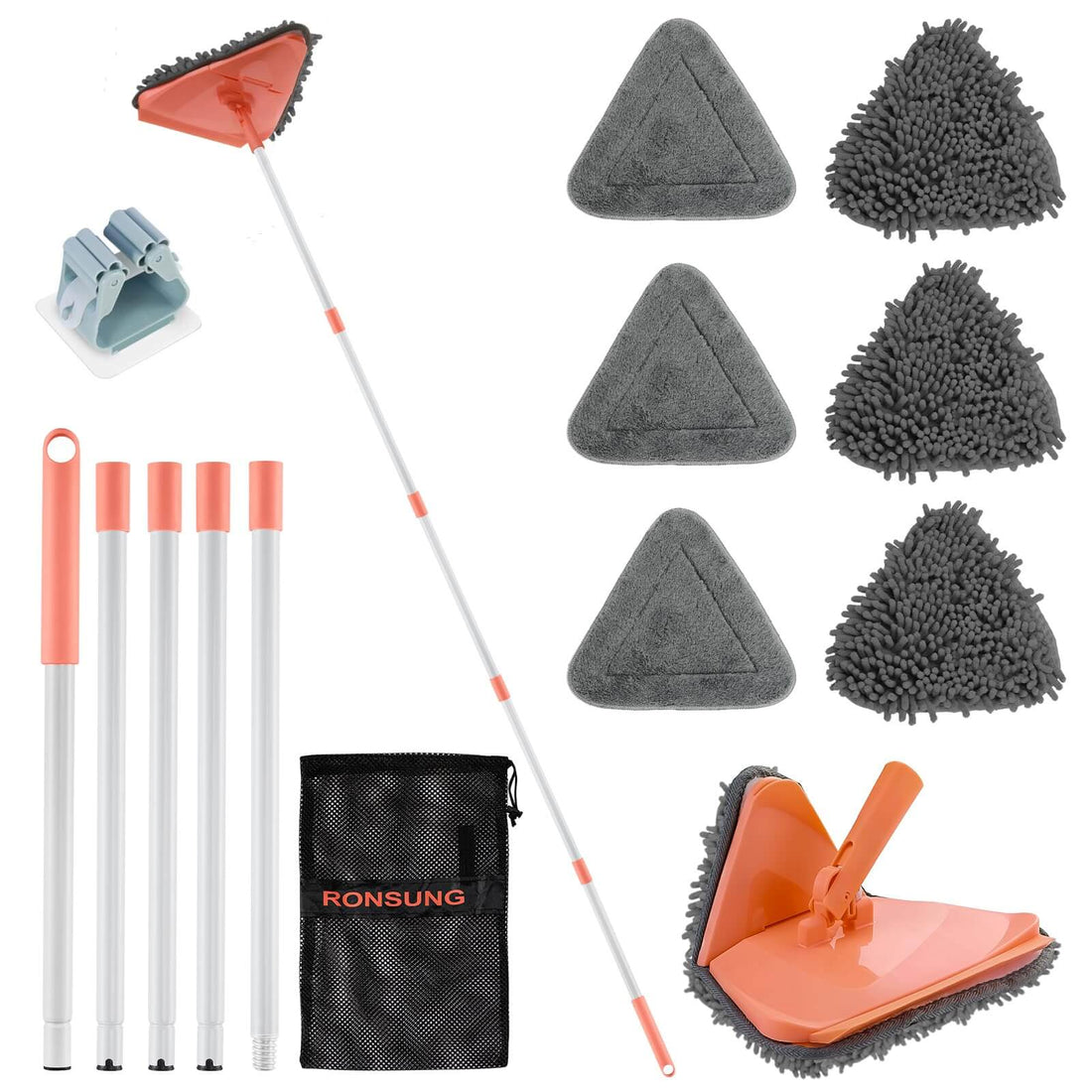 RONSUNG 3-in-1 Wall Cleaning Mop with 6 Pads – Orange