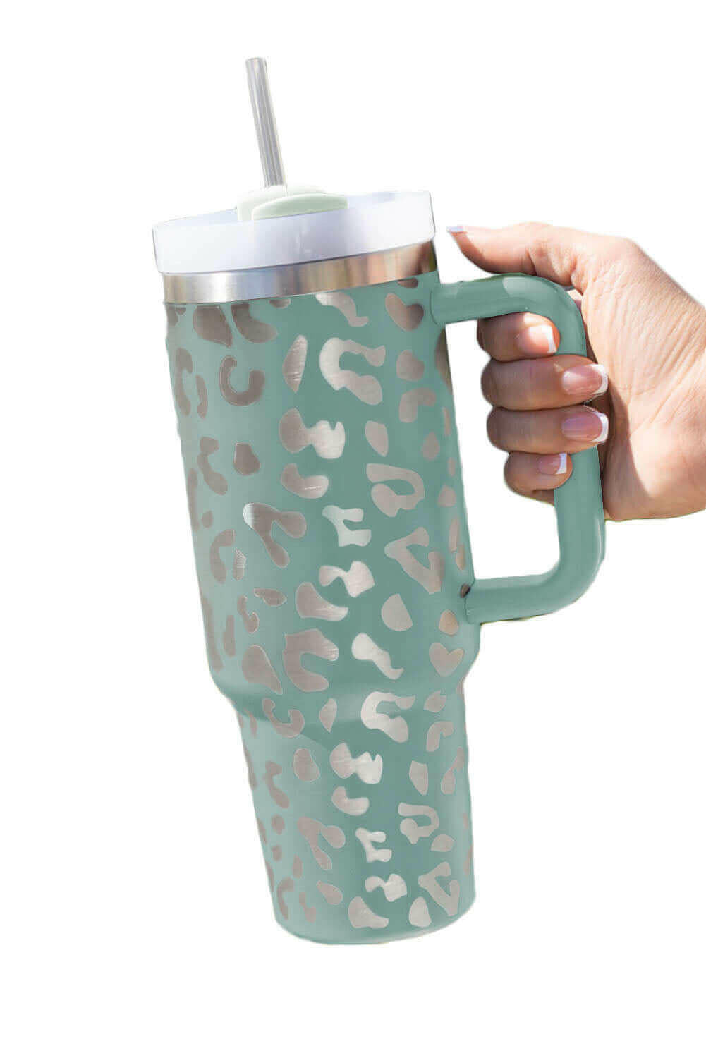 White Leopard Print 40OZ Stainless Steel Portable Cup with Handle.