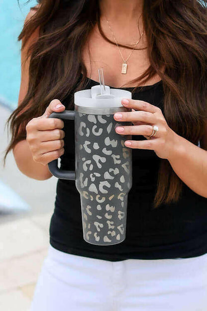 White Leopard Print 40OZ Stainless Steel Portable Cup with Handle.