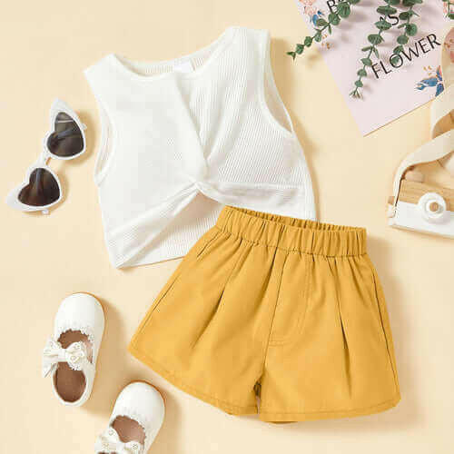 Kids Twist Front Waffle-Knit Tank and Shorts Set.