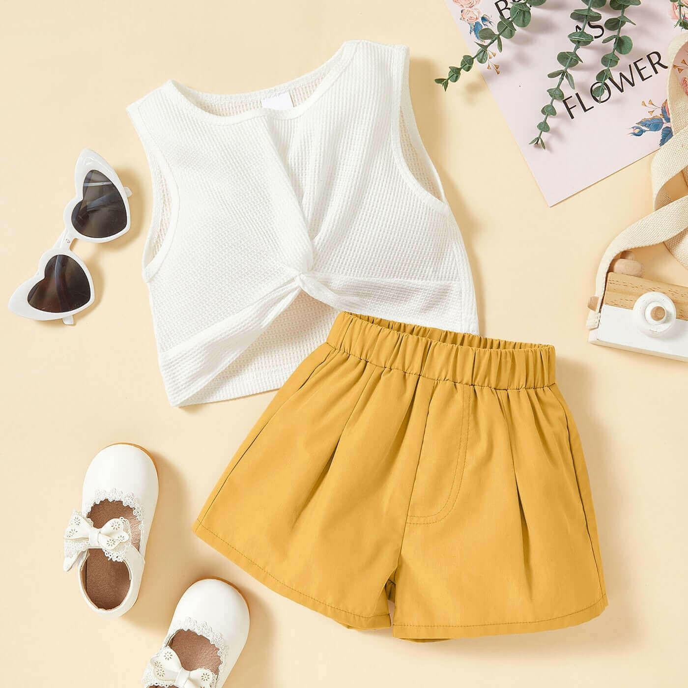 Kids Twist Front Waffle-Knit Tank and Shorts Set.