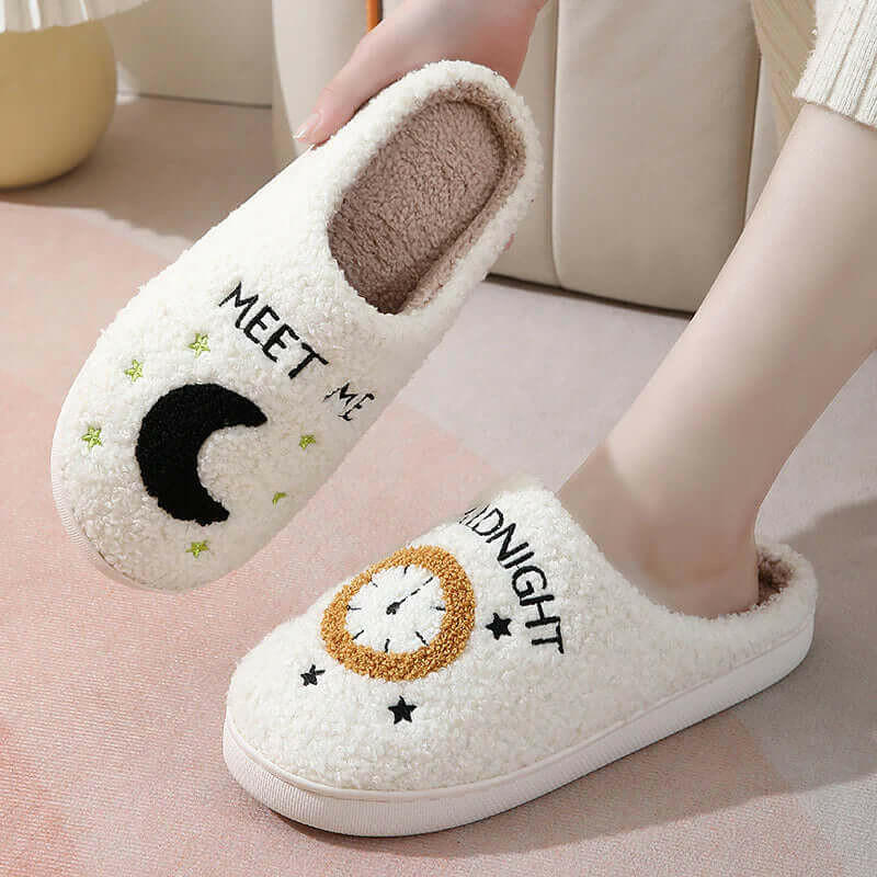 Moon and Clock Print Slipper Winter Warm Home Shoes Cute Bedroom Slippers