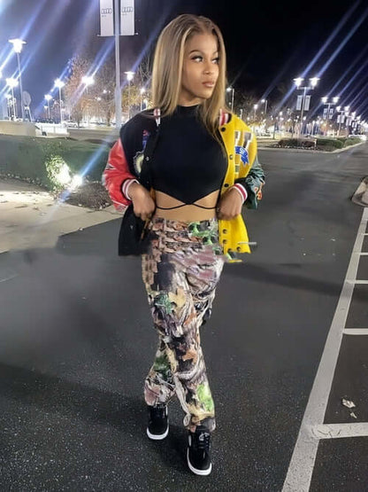 Loose Casual Women Pants With Leaf Print Pockets (Jeans)