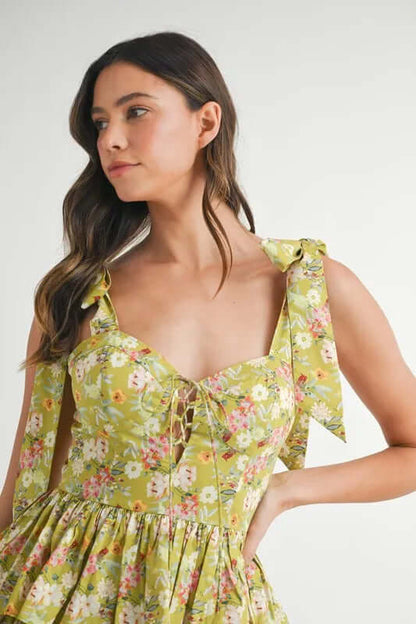 MABLE Floral Print Shoulder Tie Layered Mini Dress