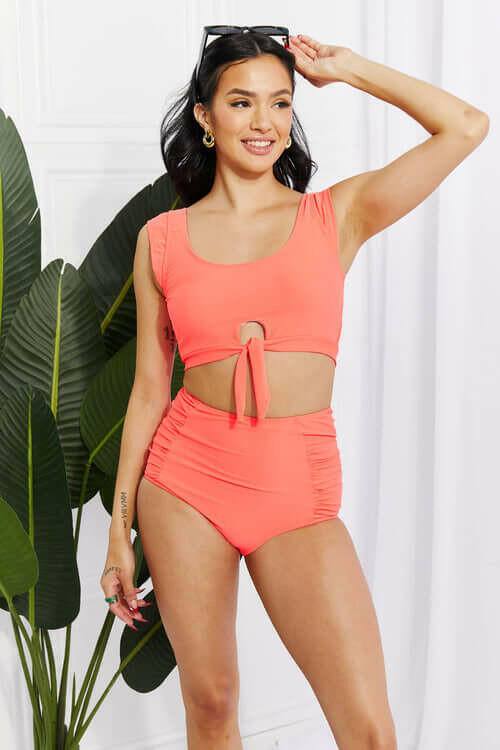 Marina West Swim Sanibel Crop Swim Top and Ruched Bottoms Set in Coral.