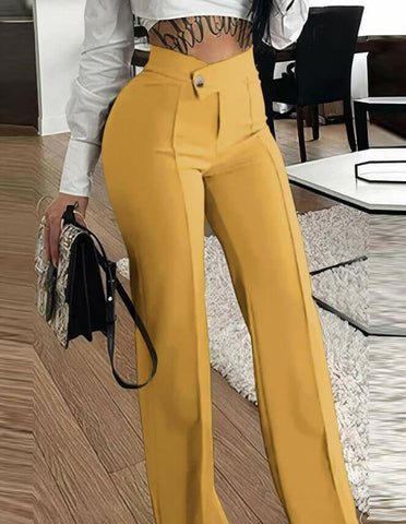 Slim Straight-Leg Pants with Buckle Fashion Solid Color Trousers for Womens Clothing