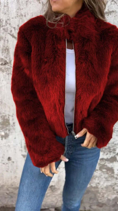 Fashion Stand Collar Plush Jacket Winter Casual Turtleneck Zipper Coat