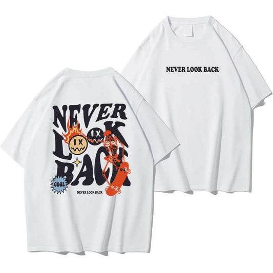 Never Look Back Creative Smile Skull Printing Cartoons Street Print Tshirt Man Loose Tee Clothes Cotton Crewneck Tops T-Shirt