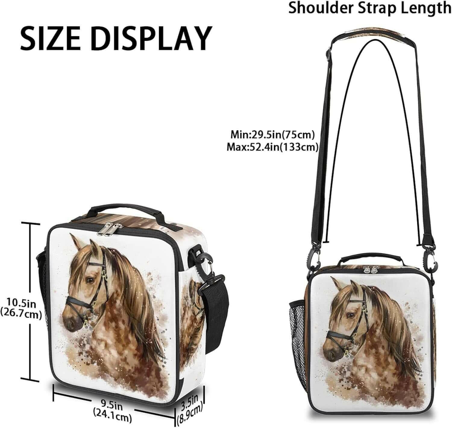 Horse Lunch Bag for Girls, Watercolor Animal Horse Lunch Box Reusable Insulated Leakproof Lunch Bag for Kids Thermal Cooler Lunch Tote with Removable Shoulder Strap for Elementary Daycare Picnic