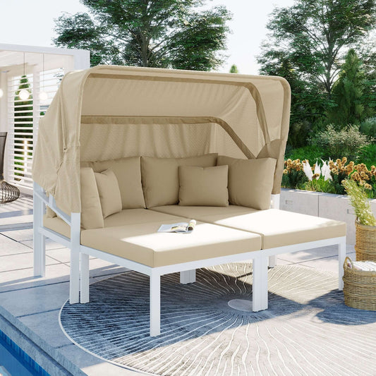 3-Piece Patio Daybed with Retractable Canopy Outdoor Metal Sectional