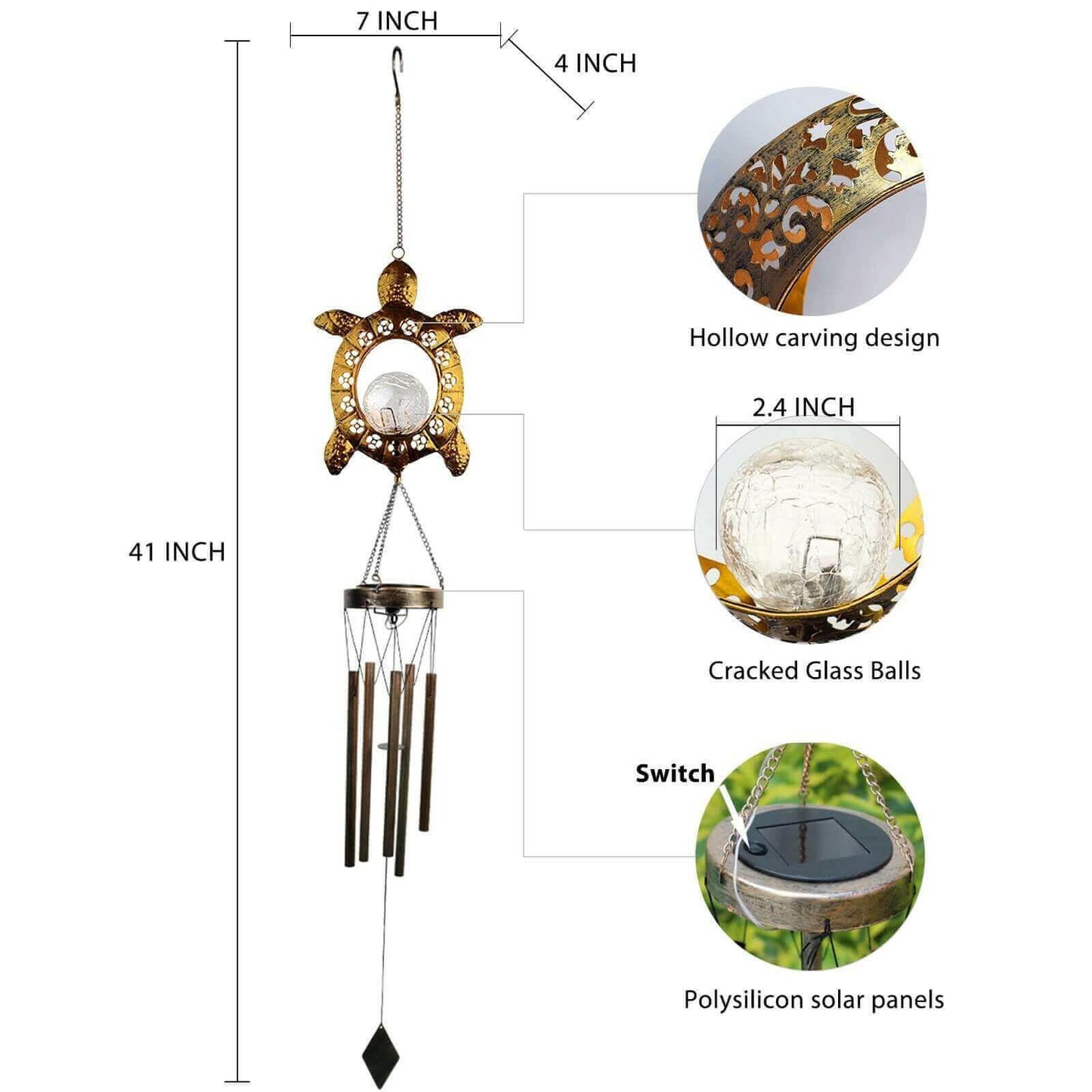 Solar Turtle Wind Chime Light with Crackle Glass Ball Outdoor Decor.