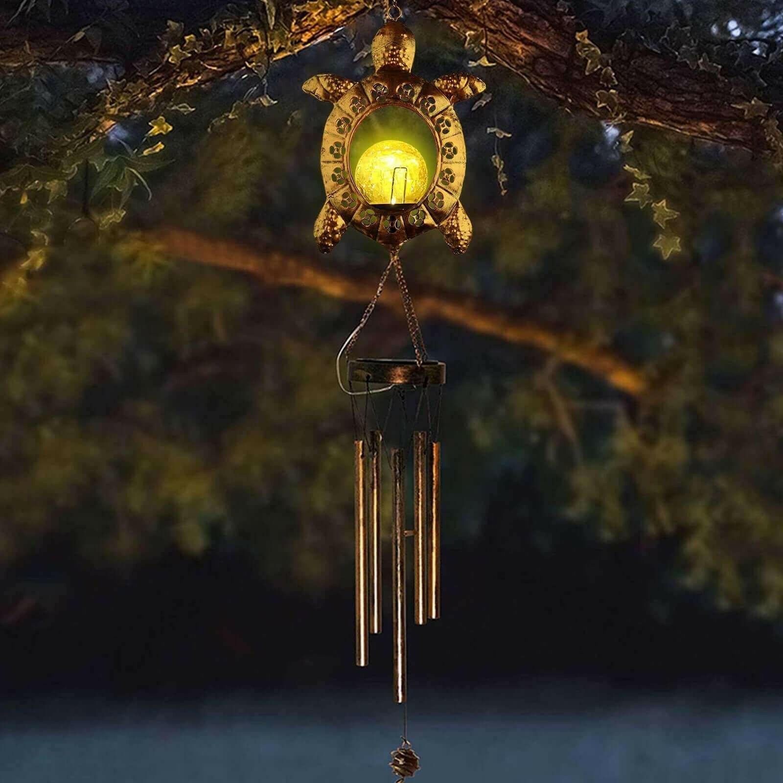 Solar Turtle Wind Chime Light with Crackle Glass Ball Outdoor Decor