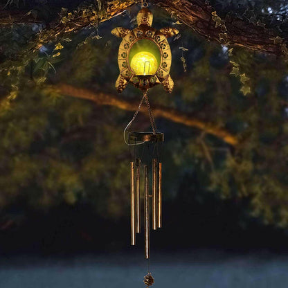 Solar Turtle Wind Chime Light with Crackle Glass Ball Outdoor Decor.