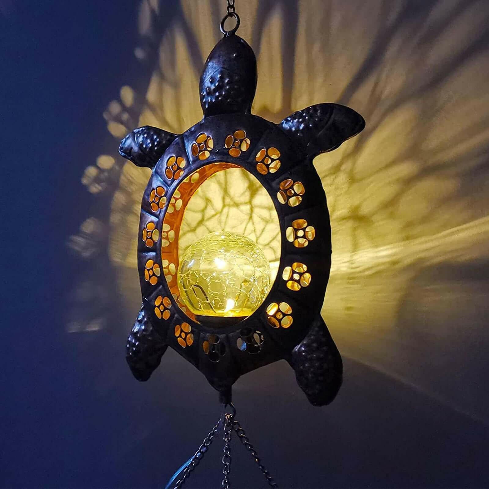 Solar Turtle Wind Chime Light with Crackle Glass Ball Outdoor Decor.