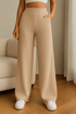 Beige Ribbed High-Waist Wide-Leg Pants