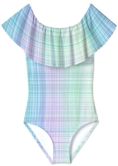 Kids Gingham Draped Swimsuit.