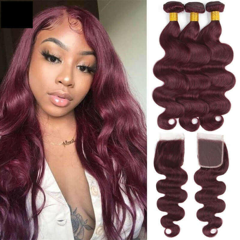 10A Grade #99J  Body Wave #1B/99j BUNDLES with 4x4 CLOSURES & 13x4 FRO.