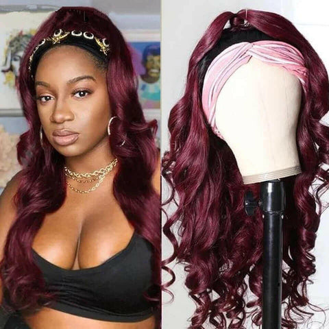 Burgundy Headband Body Wave Human Hair Wig #99J  Scarf Wig No GLUE Eas.