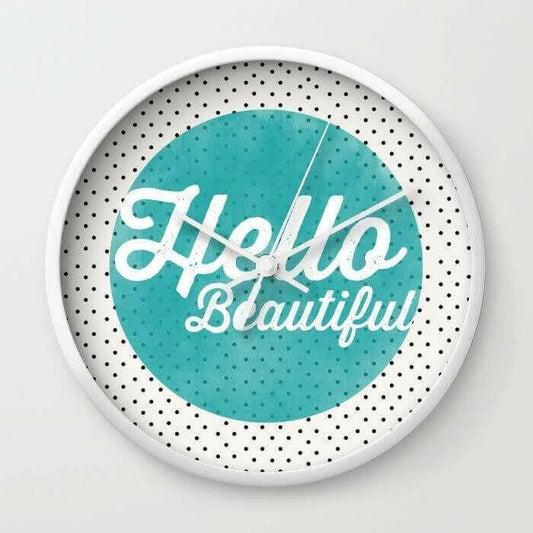 Hello Beautiful Teal Dots typography Wall clock.