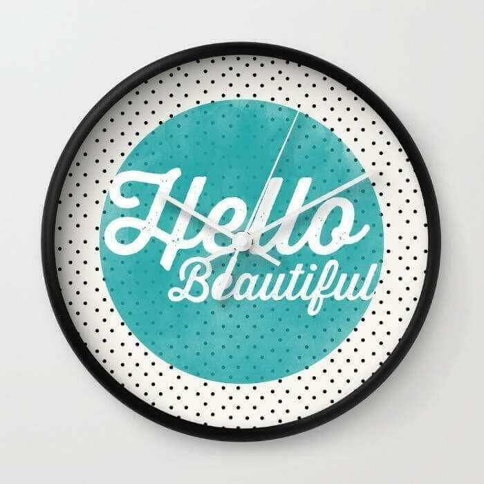 Hello Beautiful Teal Dots typography Wall clock