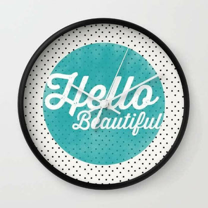 Hello Beautiful Teal Dots typography Wall clock.