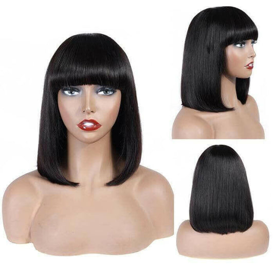 Straight Bob Human Hair Wigs with Bangs for Black Women Brazilian Full.