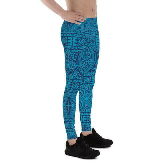 Mens Leggings - Blue Tribal Maori Tattoo Leggings.