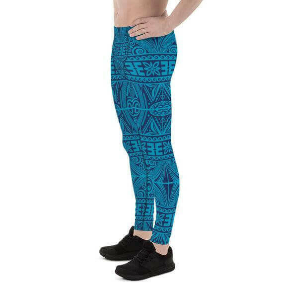 Mens Leggings - Blue Tribal Maori Tattoo Leggings.