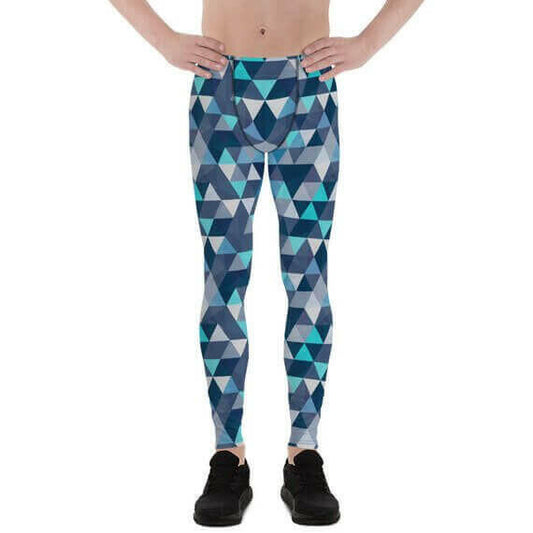 Mens Leggings - Blue Geometric Triangles Leggings.