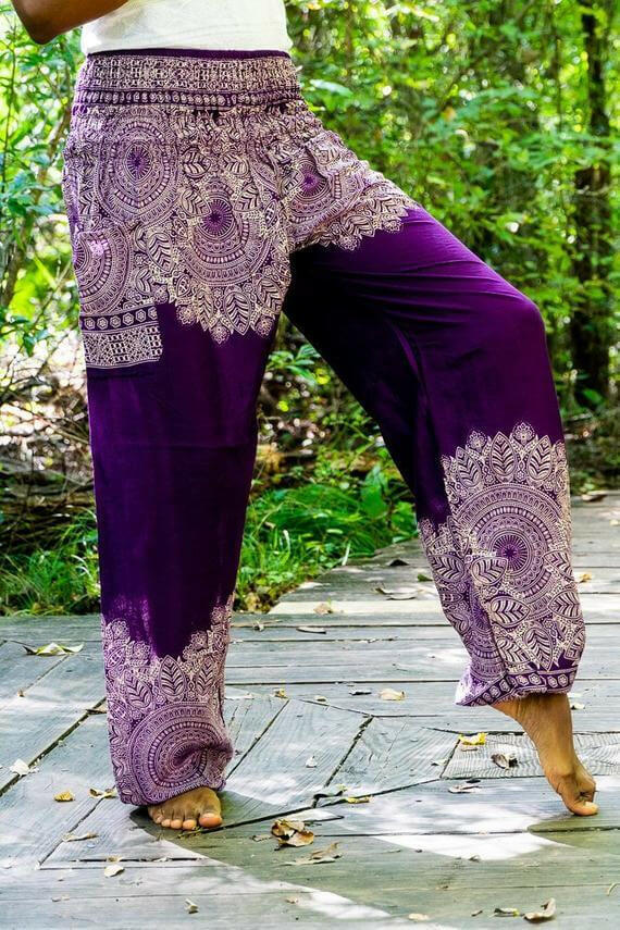 Purple FLORAL Women Boho Pants Hippie Pants Yoga Pants.