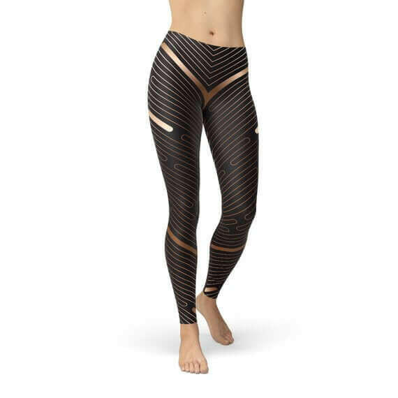 Womens Striped Lines Sports Brown Leggings.