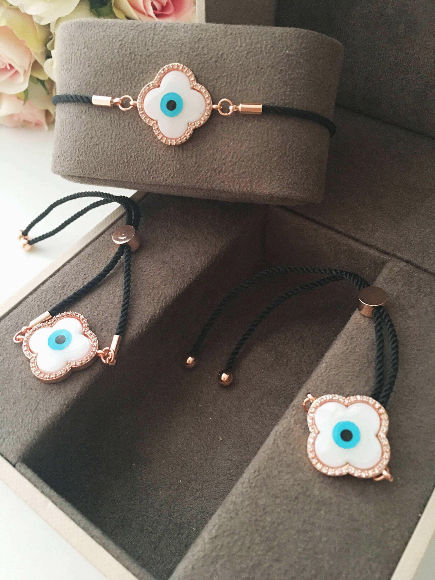 Evil Eye Bracelet, Clover Bracelet, Mother of Pearl