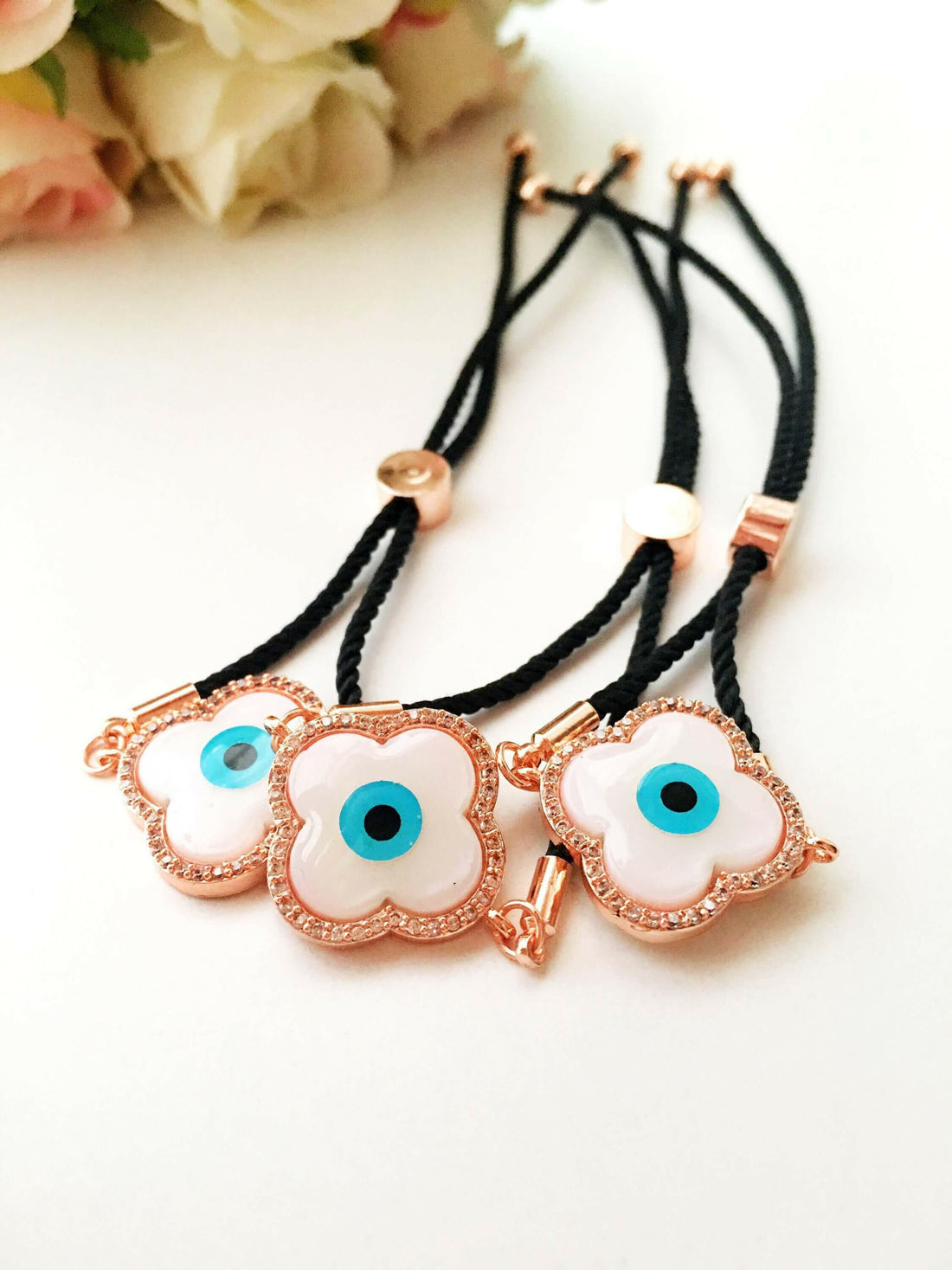Evil Eye Bracelet, Clover Bracelet, Mother of Pearl