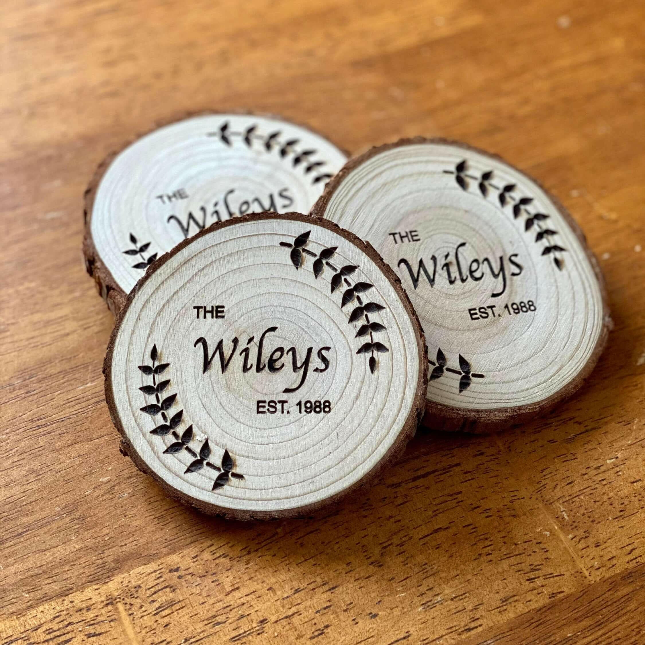 Custom Wood Slice Wedding Favors.