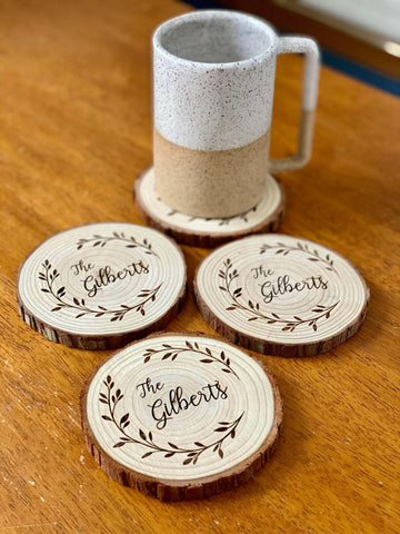 Custom Text Engraved Wood Coaster Set.