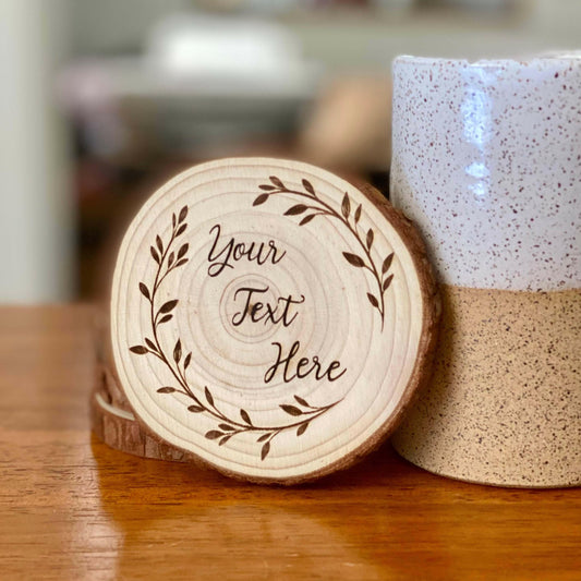 Custom Text Engraved Wood Coaster Set.