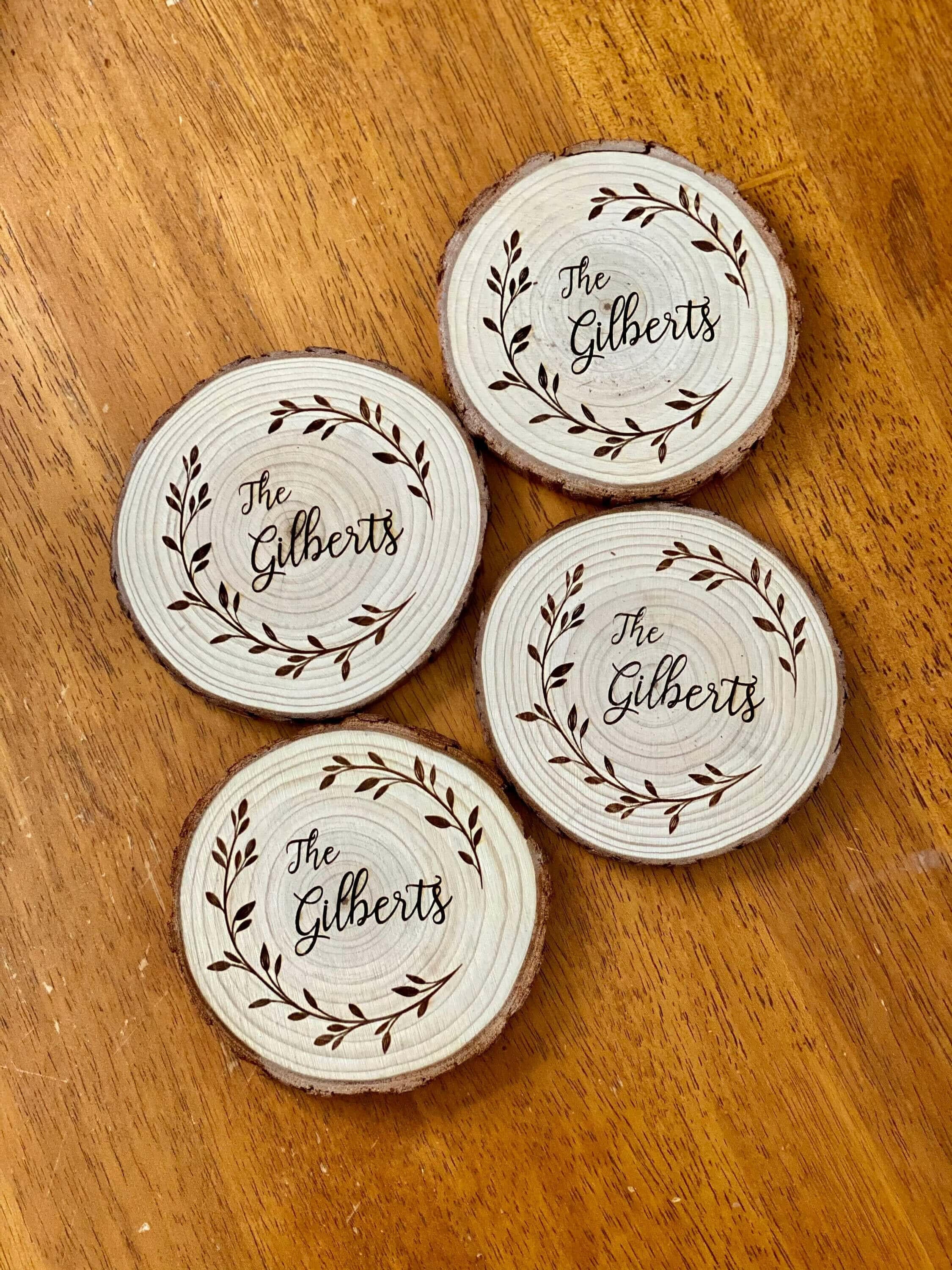 Custom Text Engraved Wood Coaster Set.